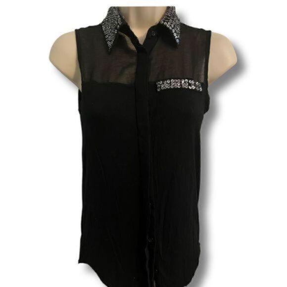 Design Store Sleeveless Black and sequined top. Sheer at the neckline. Size XS - Picture 1 of 6